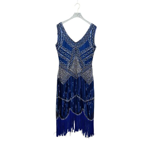 Babeyond NWT Royal Blue Sequin Beaded Fringe Flapper Style Midi Dress - Picture 6 of 12